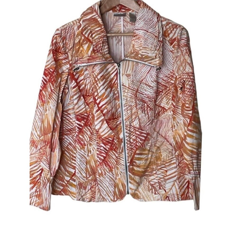 Chico’s Leaf Print Zip Front Jacket Size 2 Large Cotton Stretch Orange Tan - Picture 5 of 11
